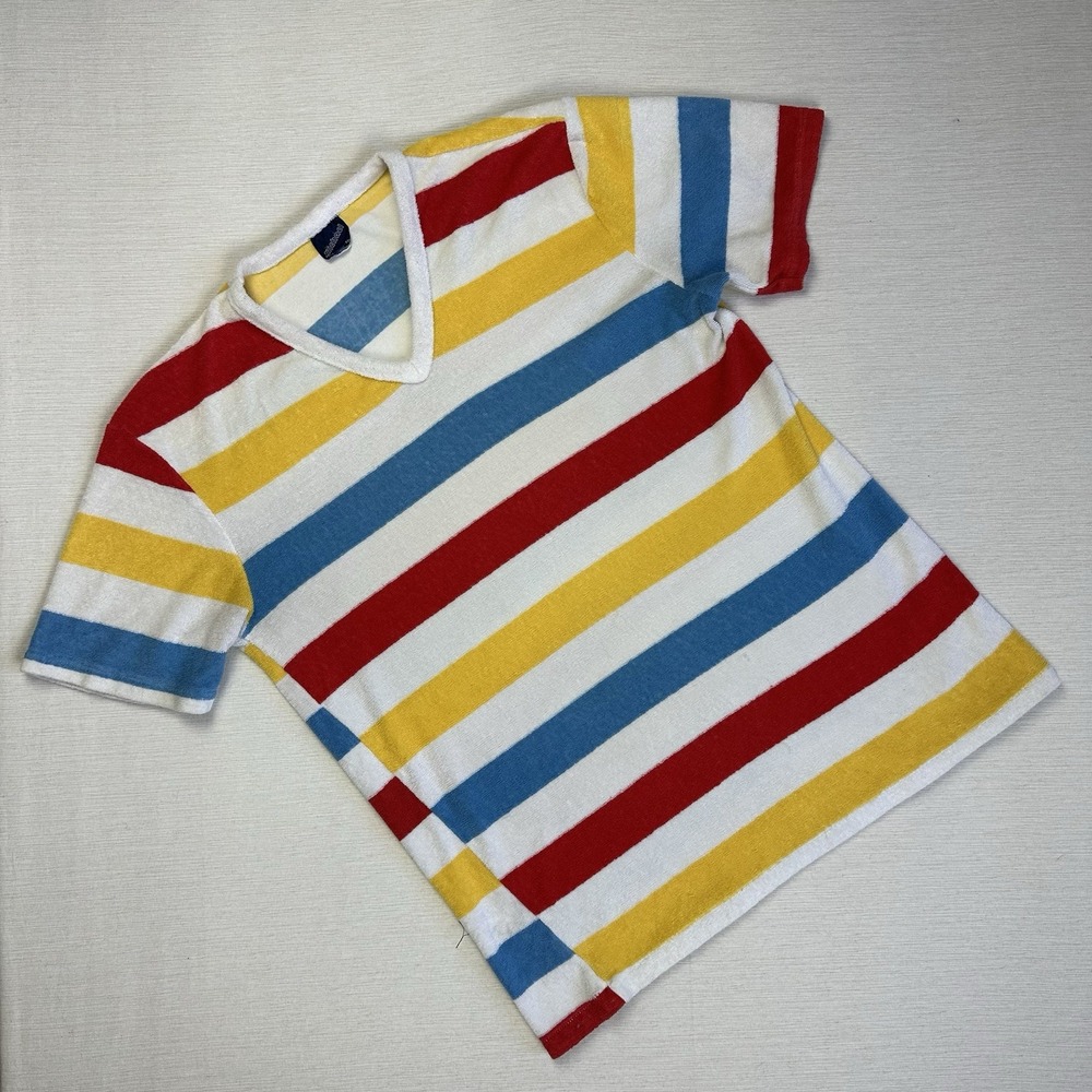 Vtg 80s Michael Striped Terry Cloth TShirt VNeck Women XL Blue Red Yellow Stripe